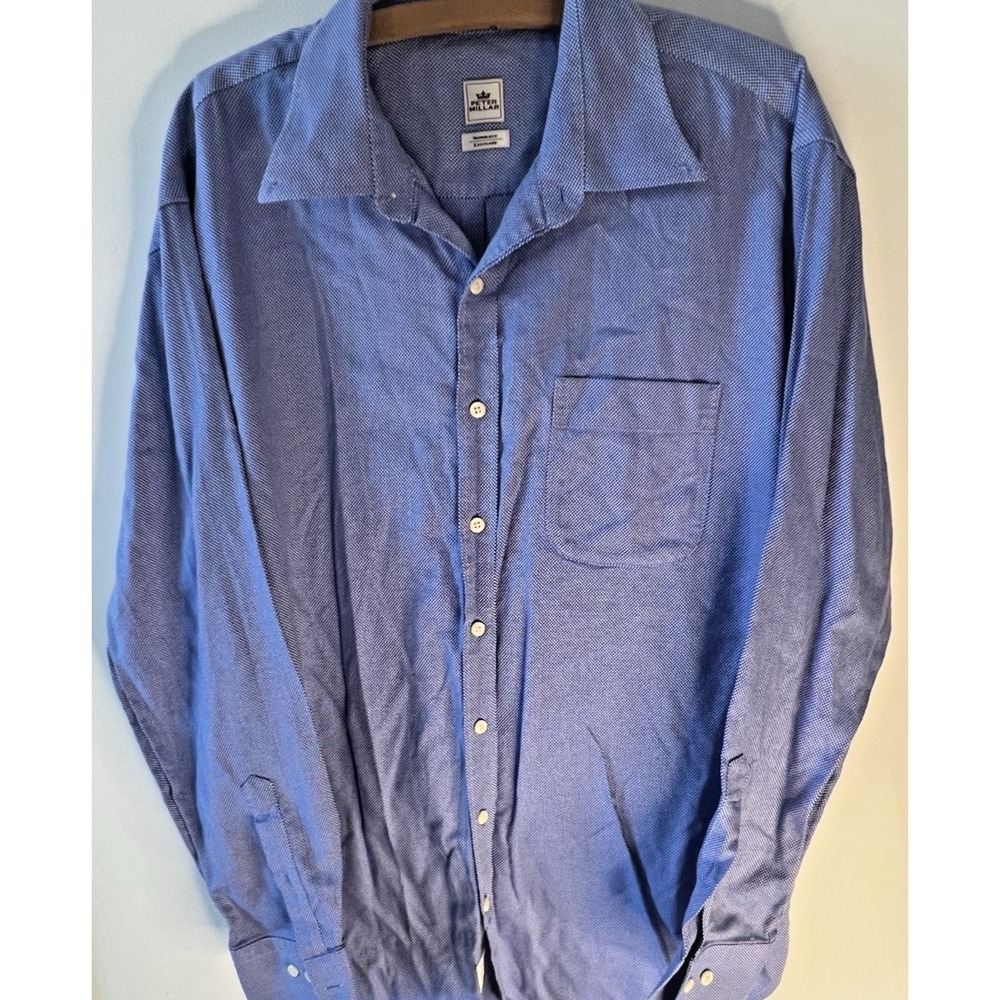 Peter Millar Men Nanoluxe Long Sleeve Shirt L Blue Cotton Business‎ Formal